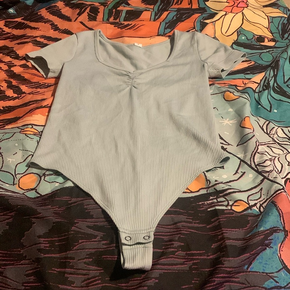 body suit, teal color, so brand